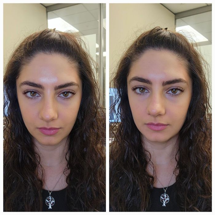 A before and after photo of a reviewer showing the results of an eyebrow tinting treatment.