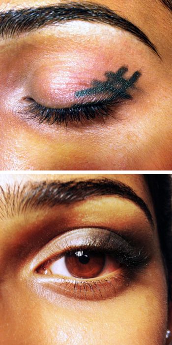 A before/after image showing the hashtag drawn on the lids and then blended for a soft, shadowed effect.