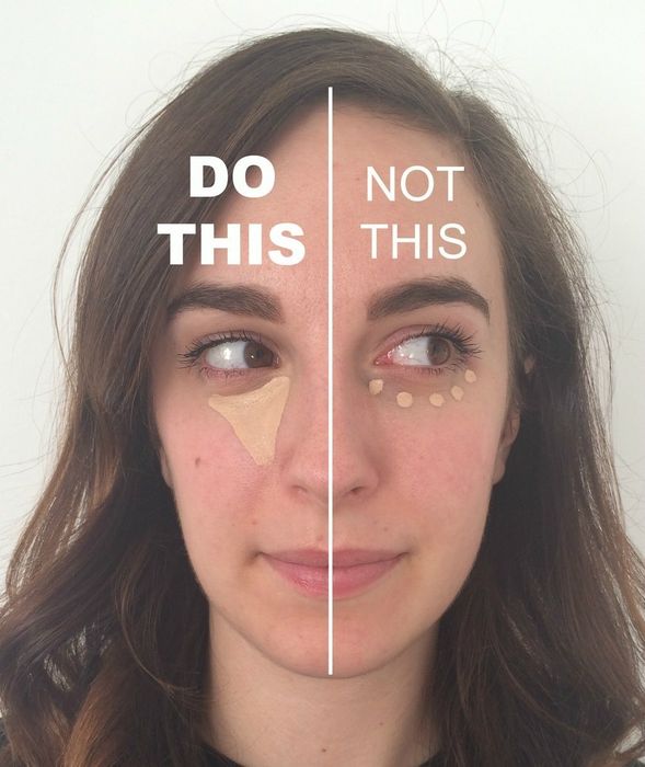 A person with concealer applied in a triangle on one half of their face, labeled