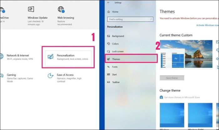 Chọn mục Personalization và sau đó chọn Themes