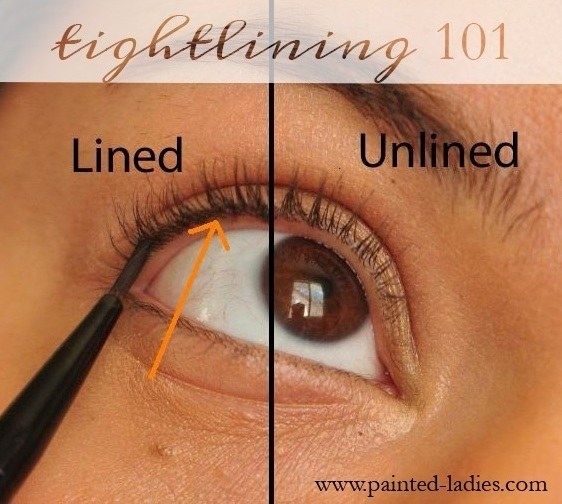 An image that demonstrates the difference between tightlined eyes and non-tightlined eyes, where the tightlined section shows thicker, more voluminous lashes.