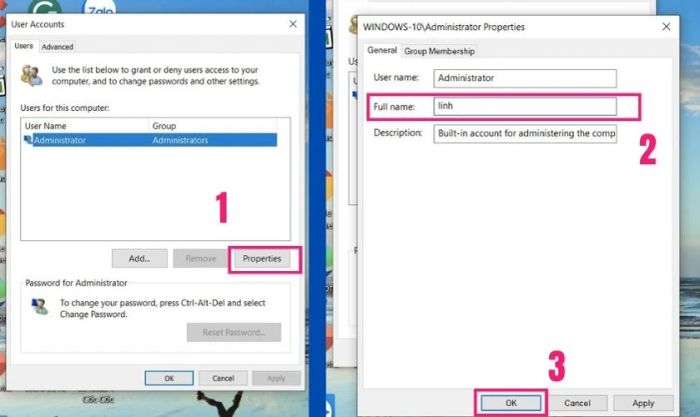 Thay đổi tên trong cửa sổ User Accounts