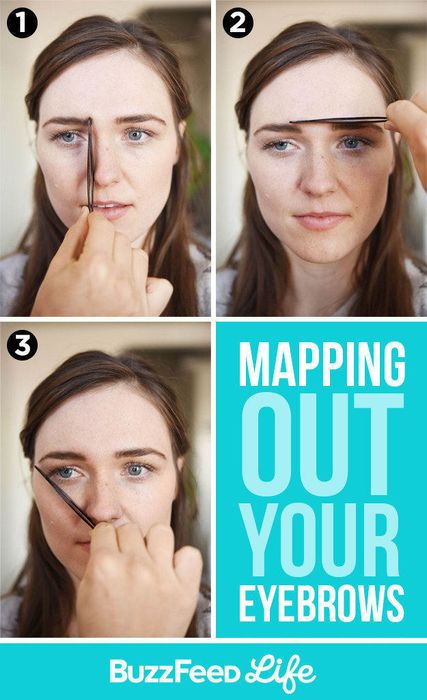 Demonstrating how to use tweezers to outline the start of the eyebrow (hold tweezers straight up from the side of the nose), the end of the brow (hold them angled upward from the side of the nose), and the top of the brow (hold them horizontally across both brows)