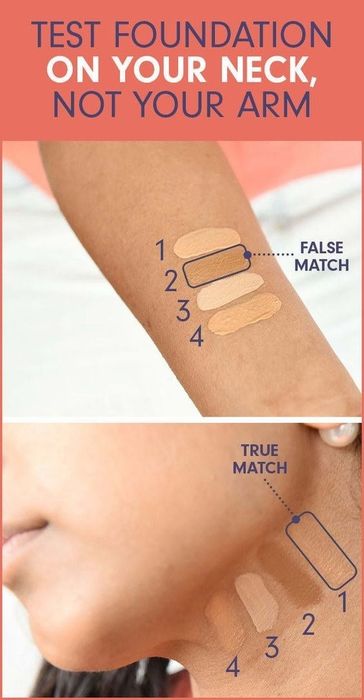Swatches on a model's hand and neck, revealing an inaccurate match on the arm and a perfect match on the neck