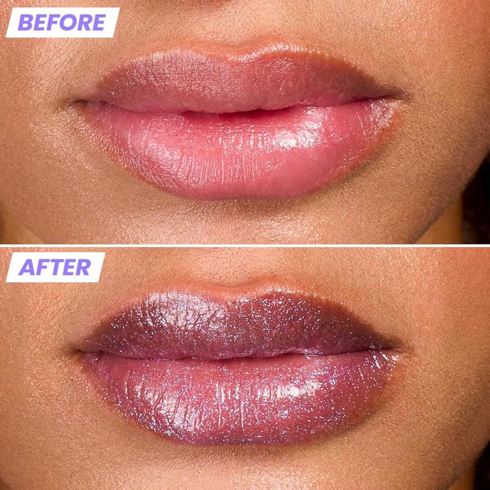 Model's lips before and after applying the lip gloss.