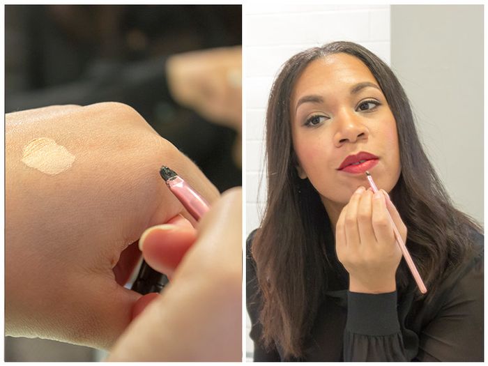 The blogger applying concealer with an angled brush