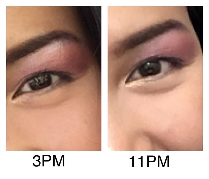 A close-up side-by-side comparison showing an eye with makeup at 3 PM and 11 PM.