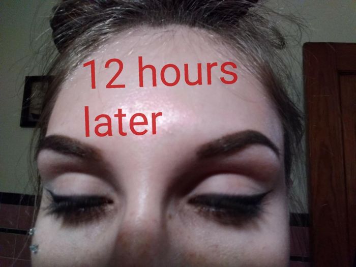 A close-up of a woman’s face with her eyes closed, showcasing the product in use.