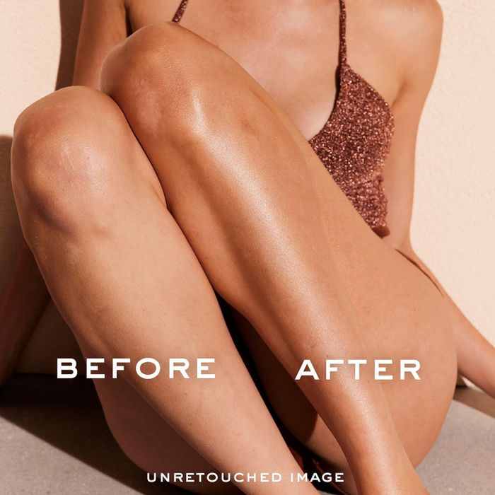 A before and after shot of a leg with and without the shimmer oil applied