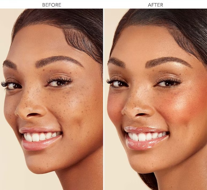 A model before and after applying the blush