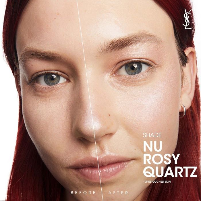 A model showcasing the before/after effects of the Nu Rosy Quartz Highlighter