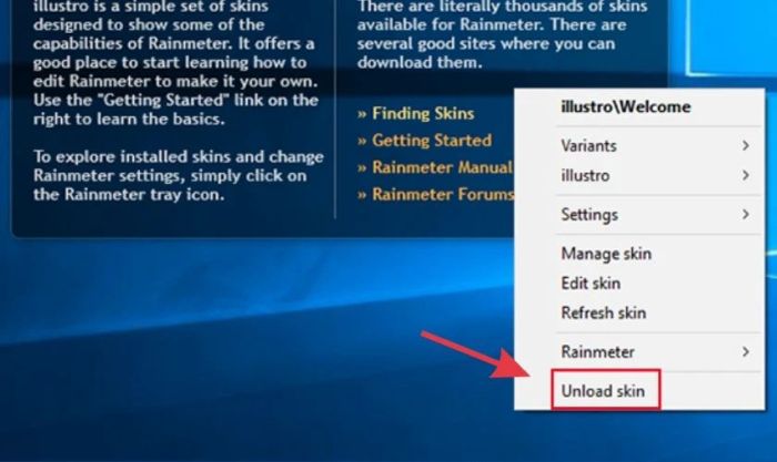 Nhấn chuột phải vào giao diện widget trên màn hình desktop và chọn Unload Skin