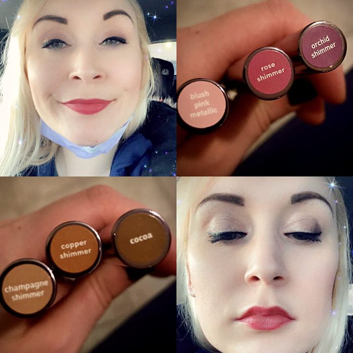 A reviewer showing various shades of the eyeshadow applied to her eyelids