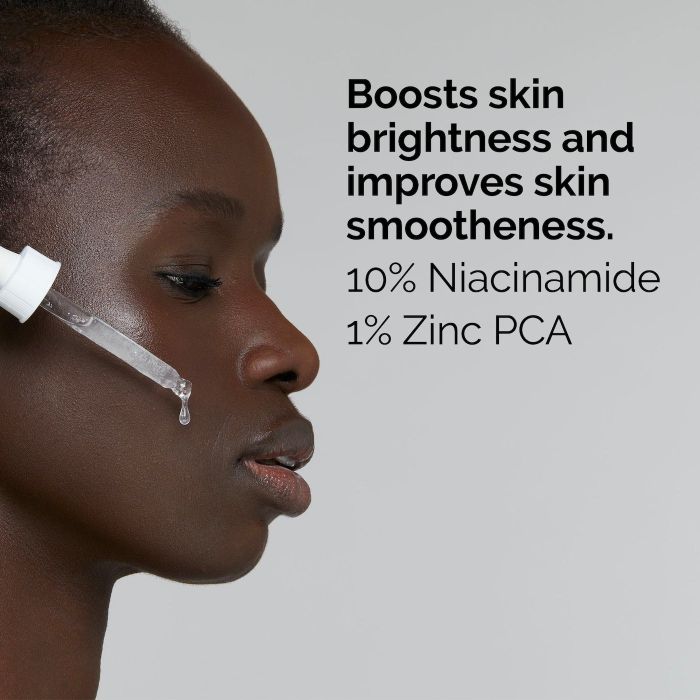 Close-up shot of a model applying the serum with a dropper. Text reads: Boosts skin brightness and enhances smoothness. 10% Niacinamide, 1% Zinc PCA.