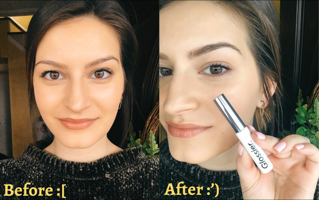 On the right, Mytour editor with no product on her brows, captioned.