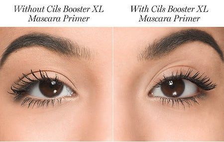 A model shows the difference of mascara with and without the primer: without it, lashes appear clumpy and sparse; with it, lashes are perfectly separated and clump-free.