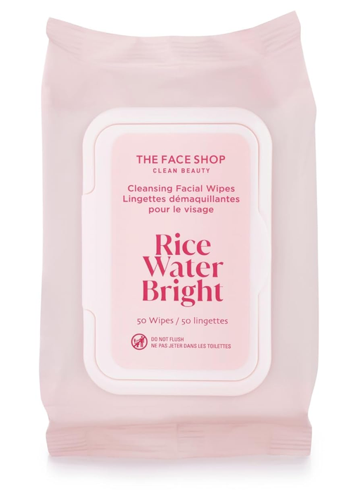 The package of The Face Shop's Rice Water Bright Cleansing Facial Wipes, containing 50 wipes.