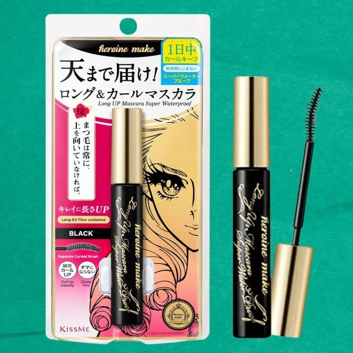 Heroine Make Long & Curl Mascara Super Waterproof packaging with Japanese and English text, accompanied by an opened mascara tube featuring a curved brush.