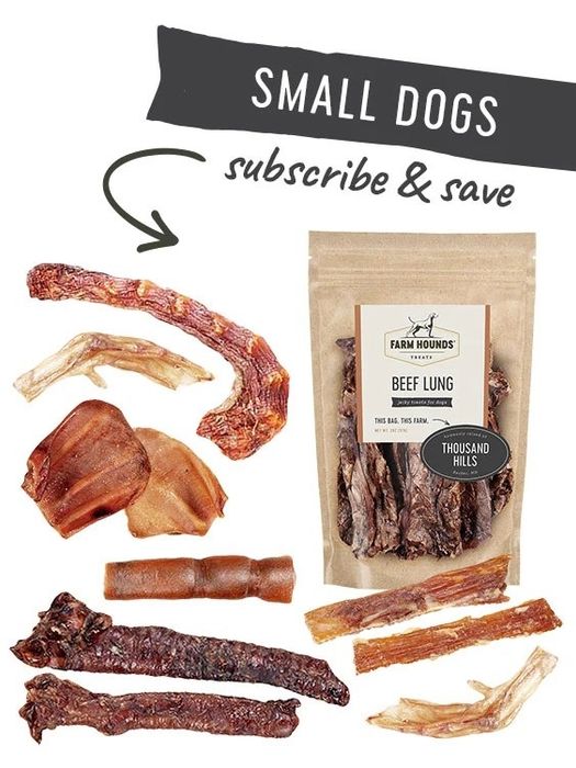 Advertisement promoting a subscription service offering beef lung treats for small dogs, featuring various treats in the image