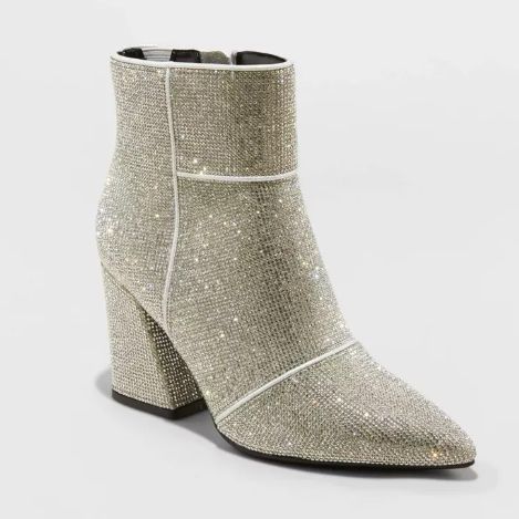Glamorous ankle boots with a block heel, sparkling with rhinestones for a stunning effect