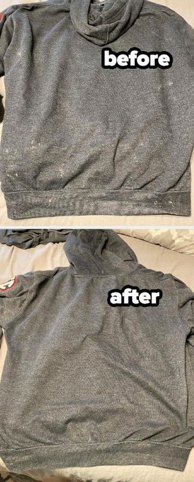 Before and after image of a grey sweatshirt showing lint removed with the roller
