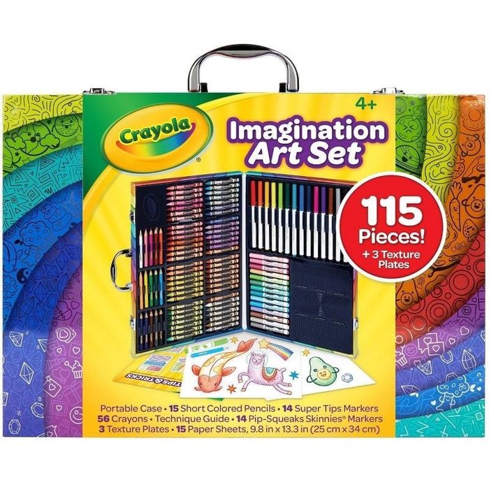 Crayola Imagination Art Set for ages 4+. Includes 115 pieces such as crayons, colored pencils, markers, and texture plates, all in a handy portable case.
