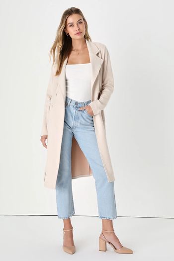 Another model in a beige suede trench coat