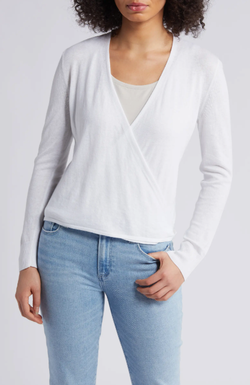 A model wearing a white cardigan, styled uniquely for a fresh look.