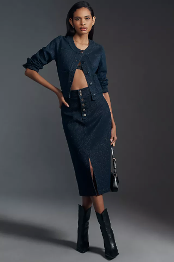 The same model wearing the identical sparkly denim set.