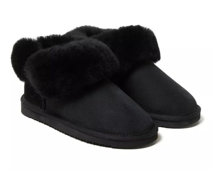 Black slip-on slippers with a soft, fluffy trim