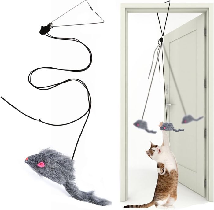A cat playing with a mouse-shaped door-hanging toy, showcasing how the product entertains indoor pets while their owners are busy