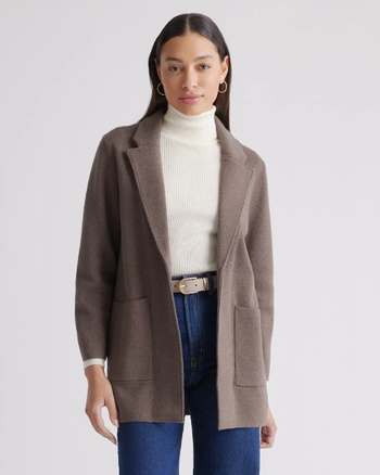 Model wearing a brown cotton blazer