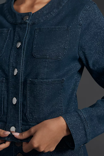 A model wearing the sparkly denim set.