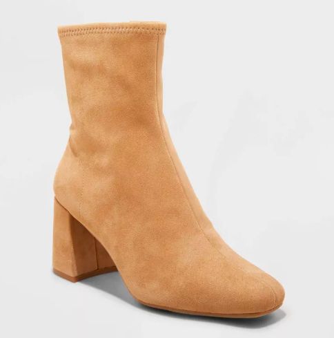 Tan ankle-length suede boots with a block heel