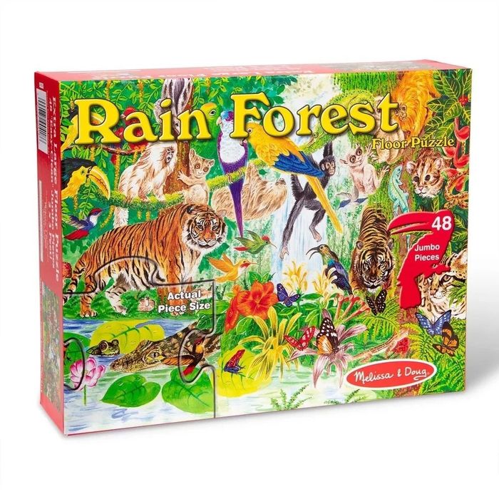 Rain Forest Floor Puzzle by Melissa & Doug, featuring 48 jumbo pieces. The box art shows a vibrant jungle teeming with various rainforest animals.