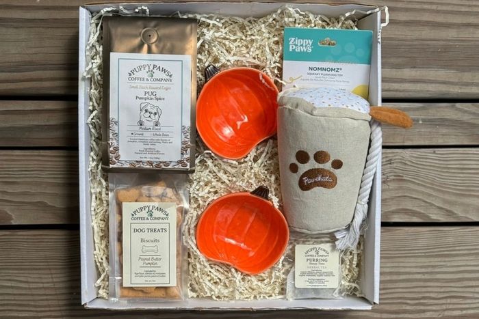 A gift box featuring pumpkin-shaped pet bowls, dog treats, a coffee-themed toy, and artisanal dog biscuits — the perfect shopping find for pet lovers.