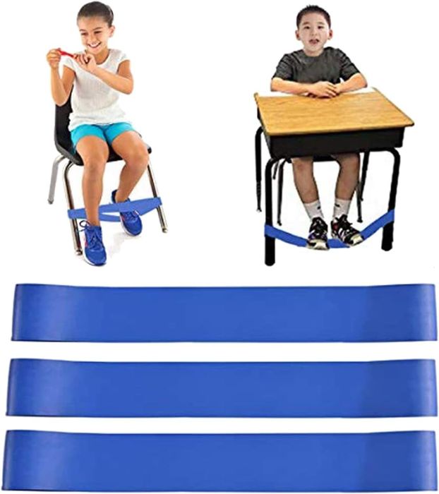 Two children are using blue resistance bands on their legs: a girl sitting on a chair and a boy sitting at a desk. Three blue bands are displayed beneath them