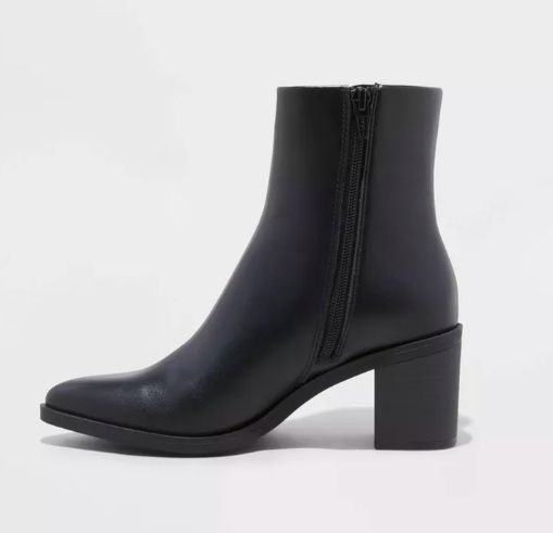 Black ankle boots with a block heel and a convenient side zipper for easy wear