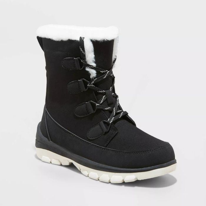 Black winter boots with fur trim and lace-up front
