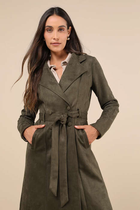 A model wearing a dark green suede jacket