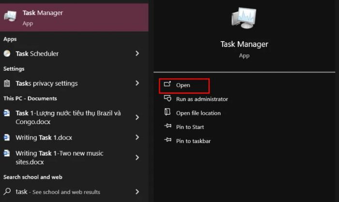 Mở menu Start, tìm kiếm và chọn Task Manager