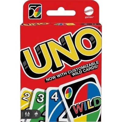UNO card game box, with customizable wild cards, featuring numbered cards (2, 3, 4) and a wild card. Great for 2-10 players, ages 7 and up.