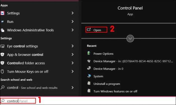 Tìm kiếm và nhấn vào Control Panel