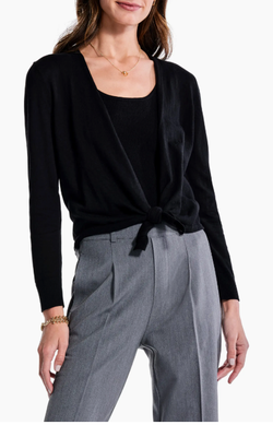 Another model showing off a black cardigan styled in a different way for variety.