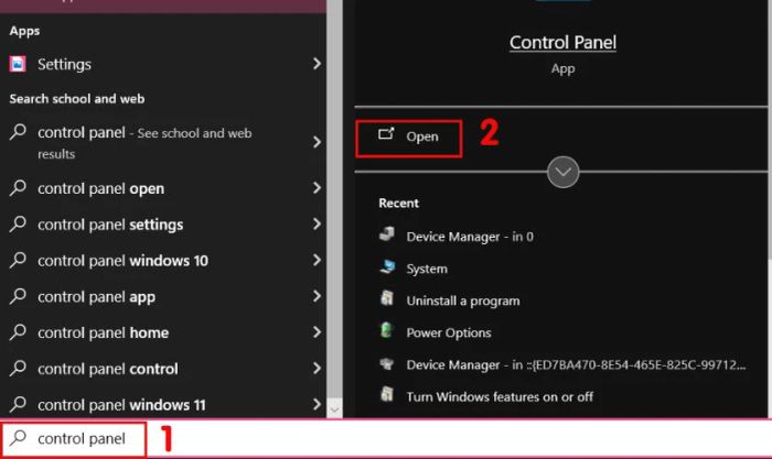Nhấn vào biểu tượng Win để mở menu Start, sau đó tìm và mở Control Panel