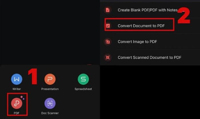 Chọn mục PDF và nhấn vào Convert Document to PDF.
