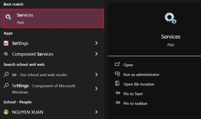 Nhấp vào biểu tượng Windows trên màn hình, sau đó tìm và chọn Services