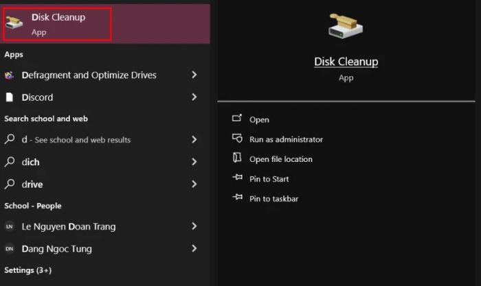 Mở menu Start, tìm kiếm và chọn Disk Cleanup