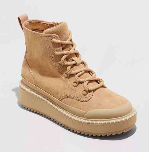 Tan suede lace-up platform boot with a thick, chunky sole