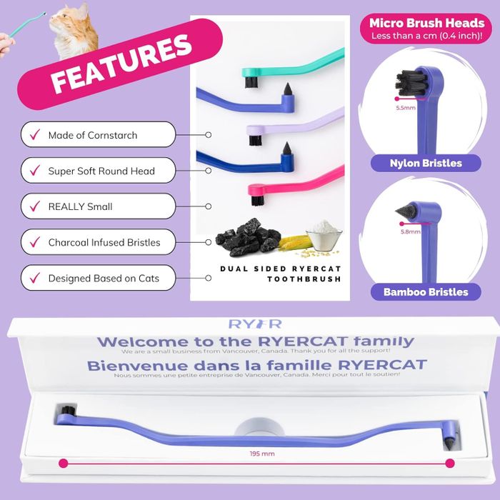 An image of a cat toothbrush displaying its different features.
